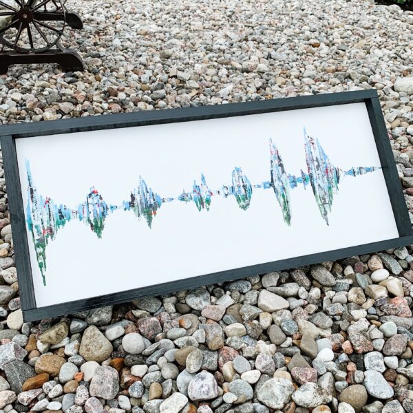 Sound Wave painting with abstract birch trees and red cardinals